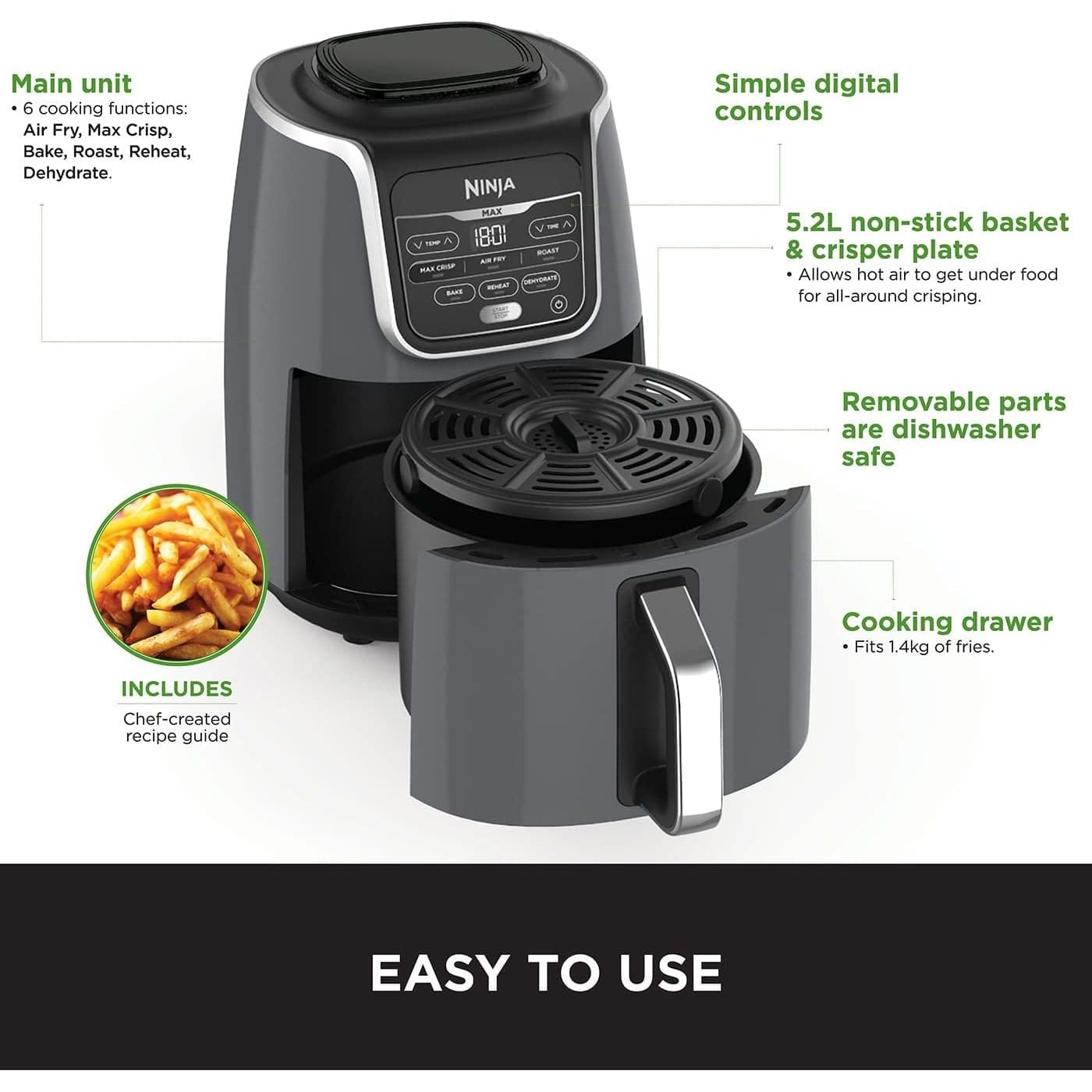 Buy Ninja,Ninja Air Fryer MAX, 5.2L, 6-in-1, Uses No Oil, Air Fry Grey & Black - Gadcet UK | UK | London | Scotland | Wales| Ireland | Near Me | Cheap | Pay In 3 | AIR FRYER / GRILL